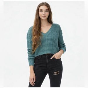 Aeropostale Solid Cropped Teal V-Neck Sweater for Women size XS